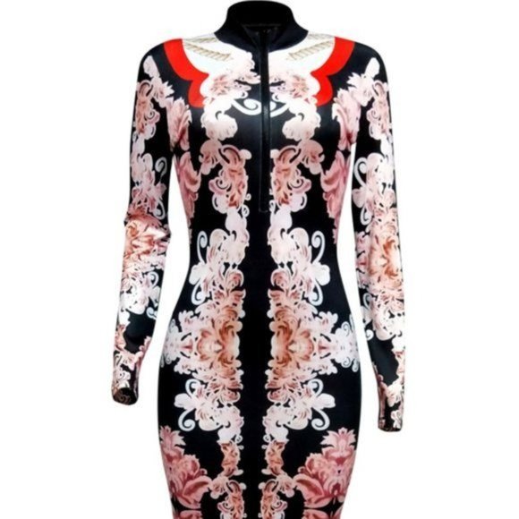 Callie Geisha: Cherry Blossom Sexy Stretch Bodycon Zip Up Midi Dress Medium - Picture 5 of 7